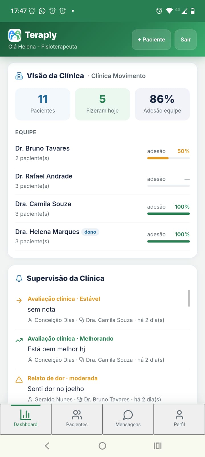 Painel da clínica no Teraply: visão agregada da equipe com adesão por profissional e feed de supervisão