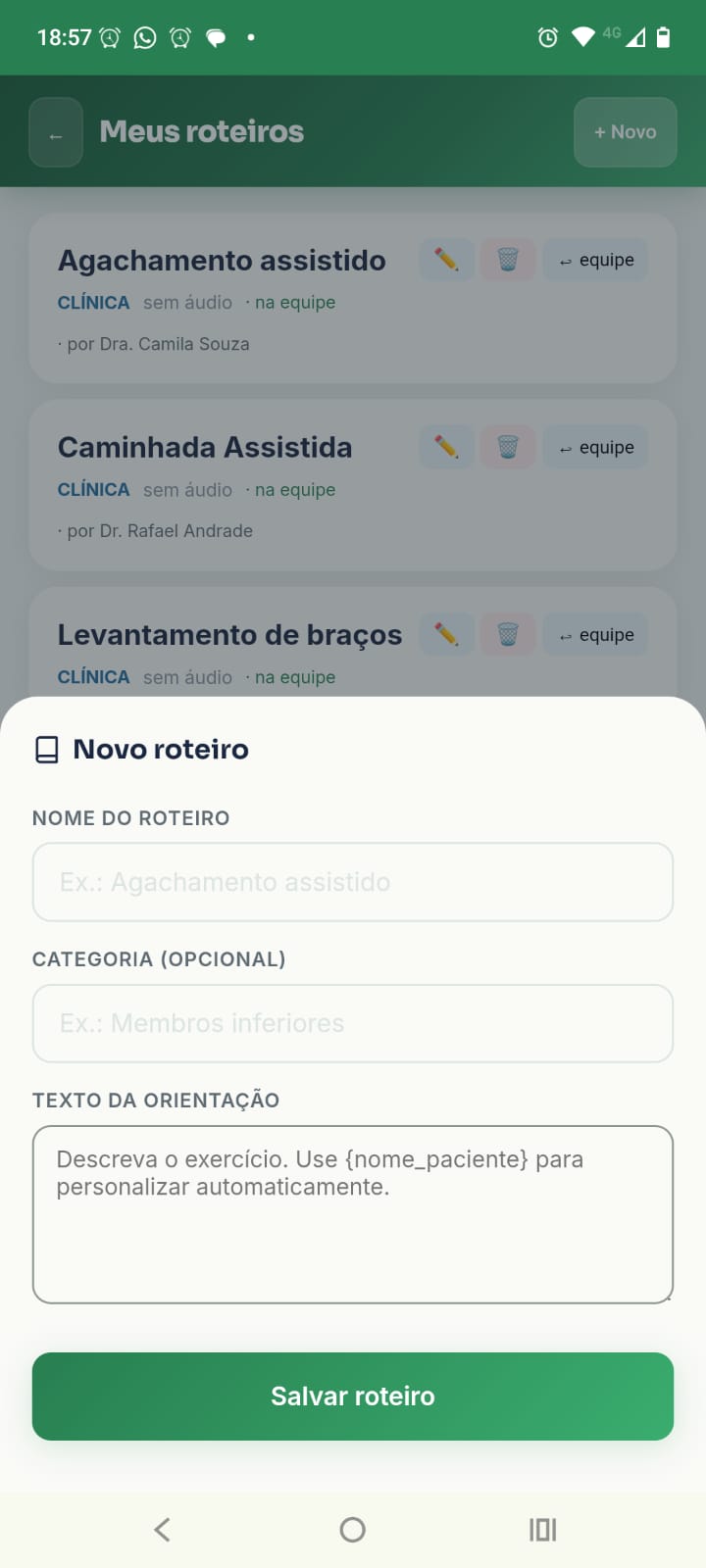 Tela Meus Roteiros no Teraply: acervo pessoal de roteiros de exercício com gravação de voz reutilizável