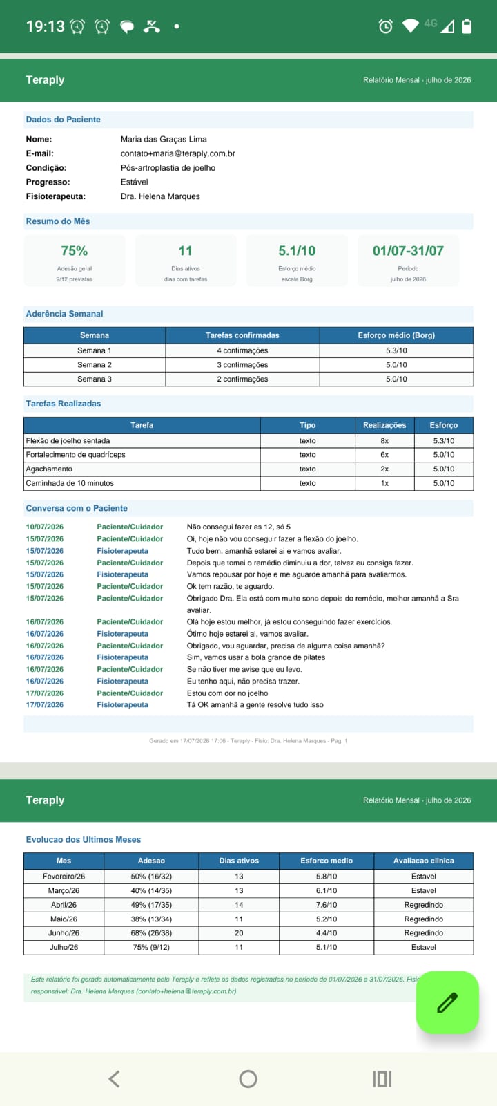 Relatório mensal em PDF do Teraply: adesão, esforço, tarefas realizadas, conversa com o paciente e evolução mês a mês